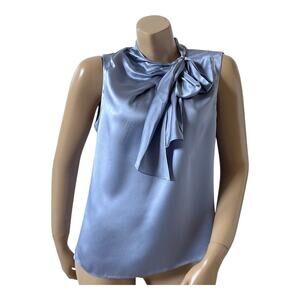Tailored REBECCA TAYLOR Womens Size 8 Blue 100% Silk Sleeveless Tie Neck Shirt